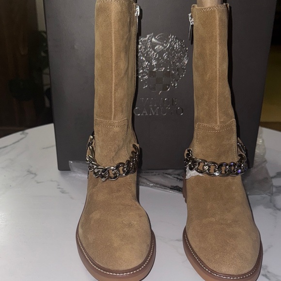 Vince Camuto Shoes - Vince Camuto Tan Combat Boots with Chain Detail